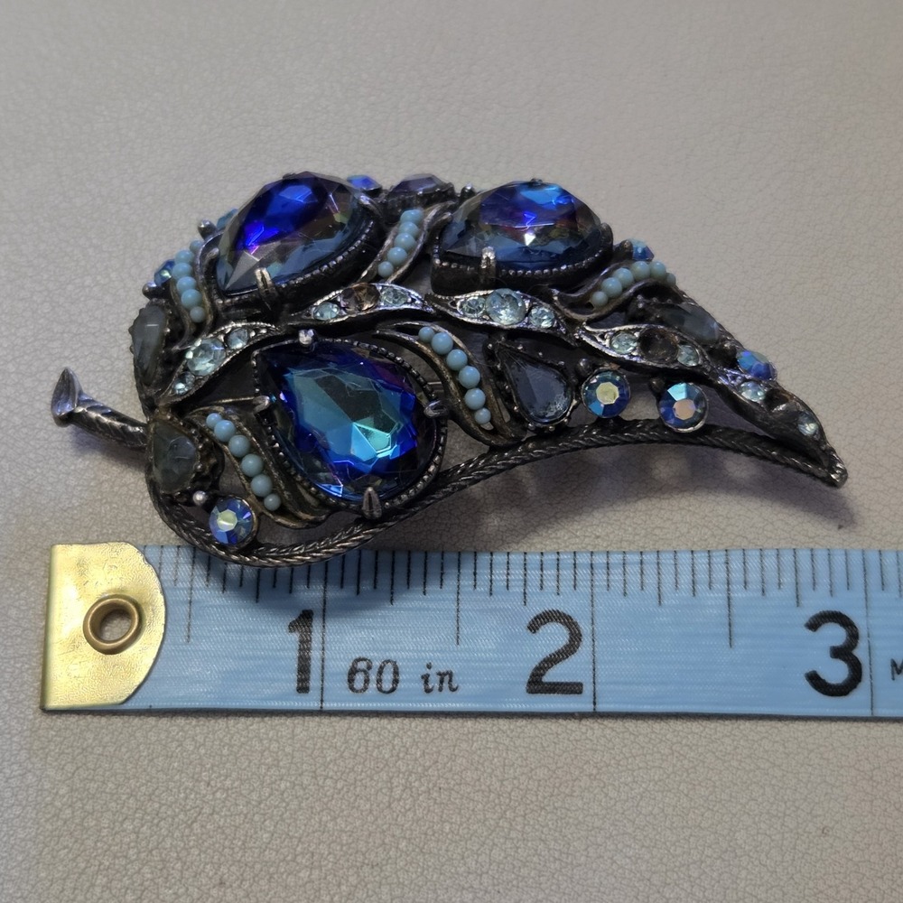 Vintage FLORENZA Signed Blue Vitrail Rhinestone Faux Pearls Leaf Brooch AS IS - Picture 2 of 5